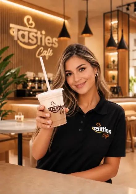 Representante de Tasties Cafeterías mostrando una bebida en un espacio estilo cafetería.