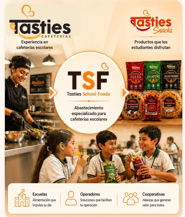 Relación visual entre Tasties Cafeterías, Tasties School Foods y Tasties Snacks para escuelas, operadores y cooperativas