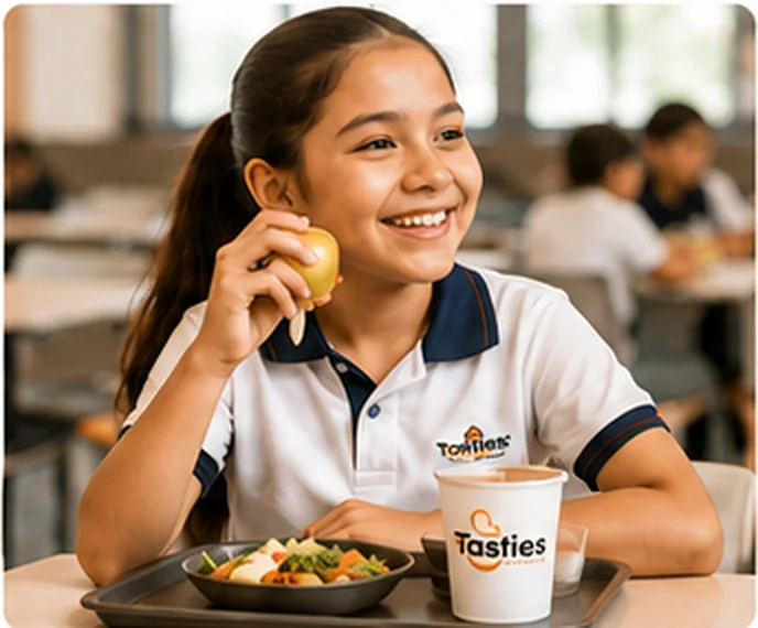 Estudiante en una cafetería escolar Tasties